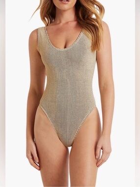Bond-Eye Mara Metallic Crinkle One Piece Swimsuit Gold One Size designer summer